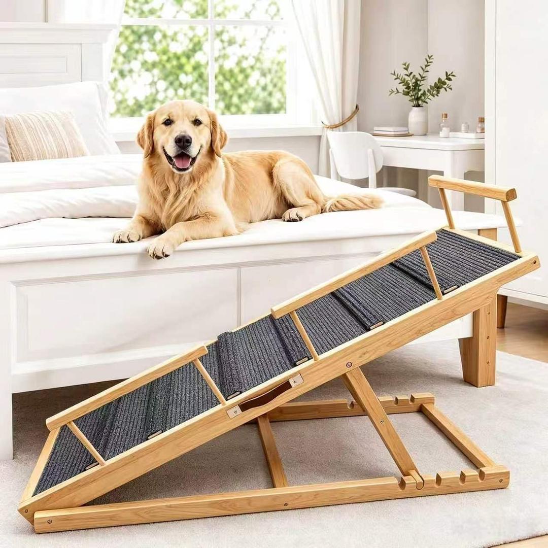 Dog Ramp for Bed, Adjustable Heights 19.3"-27.2" Wooden Pet Ramp