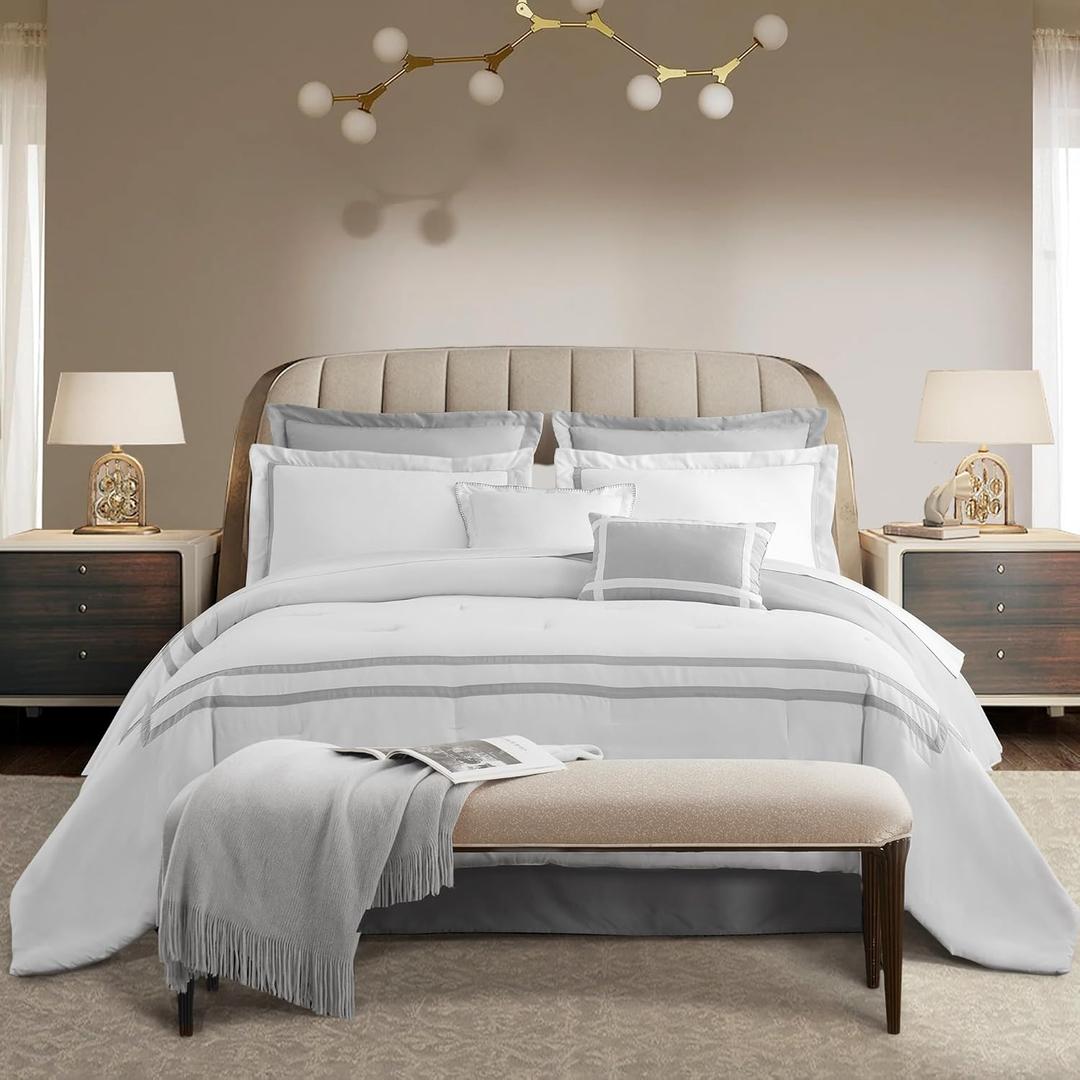 Wonderful White Comforter Set Queen,8-Piece Hydro-Brushed Wooly Feel Hotel Style Modern Luxury Bedding Comforter Set with Matching Fitted Sheet,Flat Sheet,Pillow Sham,Decor Pillows for All Season