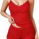 Avidlove Women Cami Pajama Set Sexy Sleepwear V Neck Lace Trim Short PJ Set Side Slit Nightwear M