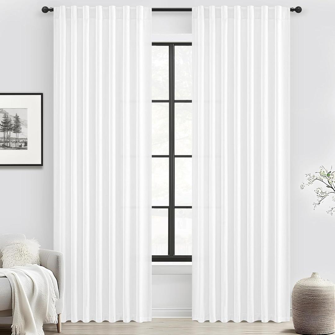Cute White Sheer Curtains 108 Inches Long 2 Panels Set, Privacy Curtains for Room Divider that Let Light in Drapes Simple Modern Neutral Linen Pleated Light Filtering Curtain for 9 FT Large Windows, Size: 52"W x 108"L (Pack of 2)