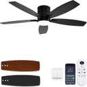 KNUN 52 Inch Flush Mount Ceiling Fan with Light and Remote/App Control,Black Ceiling Fans with Lights, 3CCT,Dimmable,Noiseless,Low Profile Ceiling Fan for Indoor/Outdoor Use