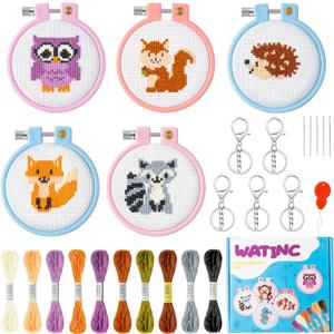 WATINC 5Pcs Embroidery Kit for Kids Stamped Cross Stitch DIY Key Chain with Woodland Animal Patterns Needlepoint Starter Kits Craft Supplies for Beginners Adults Schoolbag
