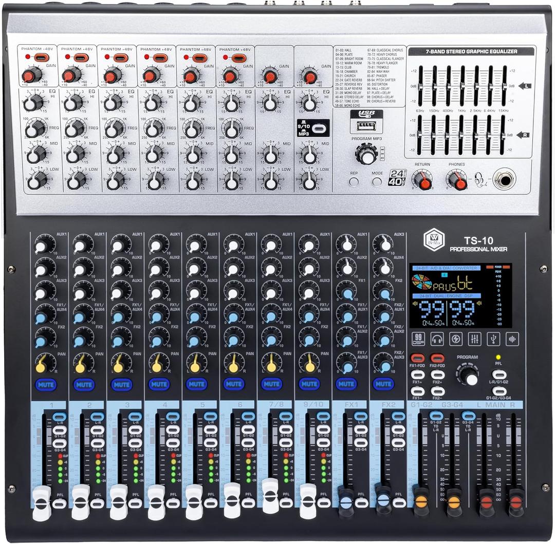 W IN-MIX 10 Channel Professional Multi-Functional Mixer,99DSP Digital Effects, MP3 Player, 48V Phantom Power with Independent Mute Switches Audio Console For Studio & Stage