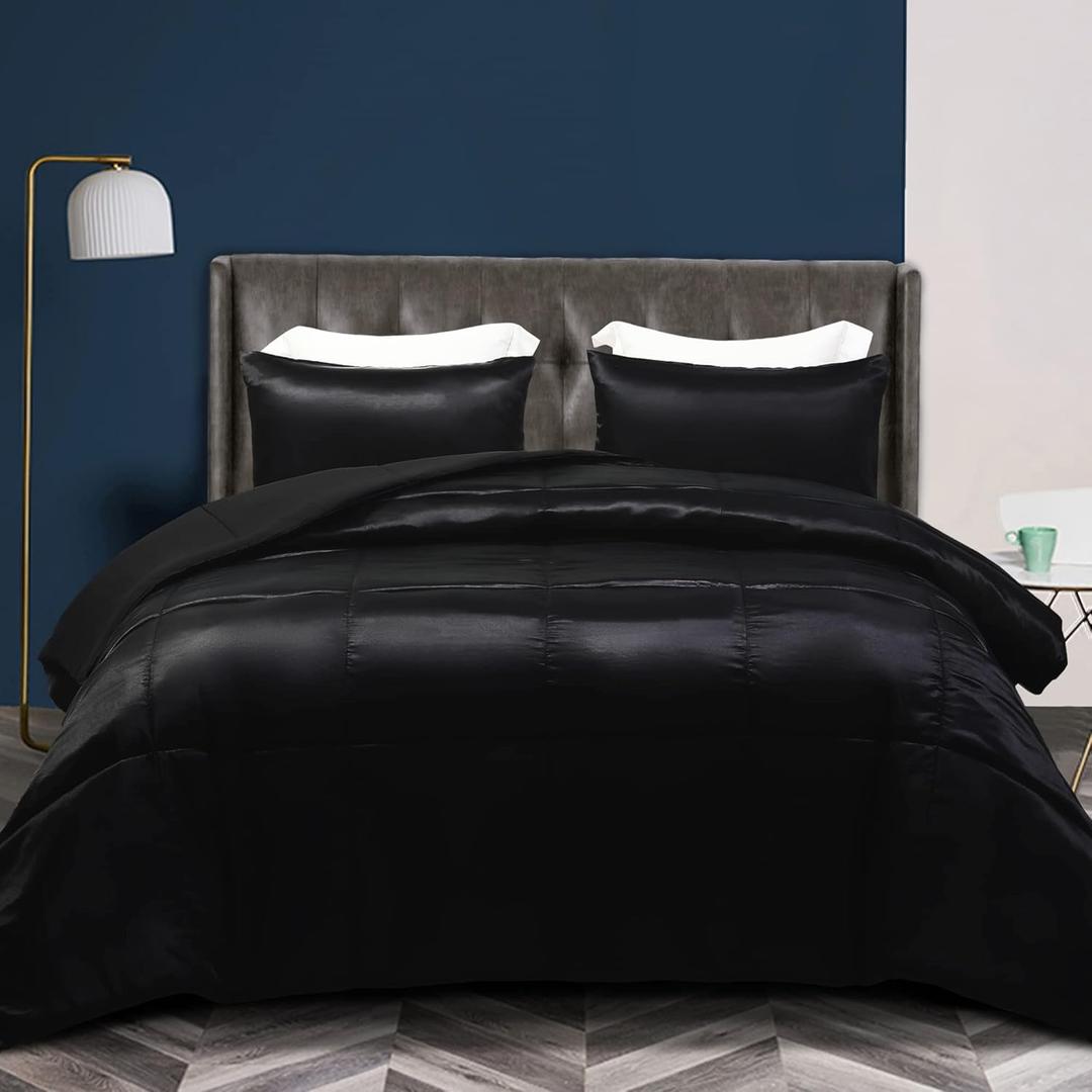 Whale Flotilla 3-Piece Reversible Silky Soft King Size Comforter Bedding Set, Luxurious Satin Comforters Oversized with 2 Satin Pillowcases, Lightweight Duvet for All Seasons, Black