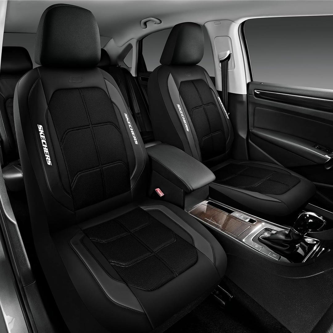 Skechers Air-Cooled & Memory Foam Seat Covers-Leather Car Seat Cover Supply Ultimate Comfort & Support,Front Seats Airbag Compatible,Universal Fit for Most Cars,Vans,Trucks,SUVs,Black