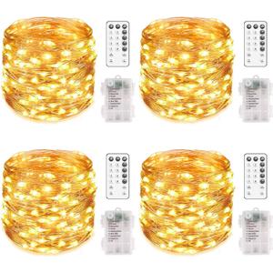 MUMUXI 4 Pack 20 ft Remote Control Fairy Lights Battery Operated String Lights with Timer, 60 LED Twinkle LEDs, Outdoor Waterproof Copper Wire Firefly Lights, Warm White