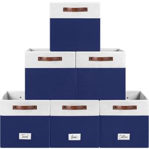 FinishingBo 6-Pack Storage Cubes with Handles & Label Holders Basket, Closet Cube Home Organizer Bins(White/Blue, 13 x 13 x 13 inch)