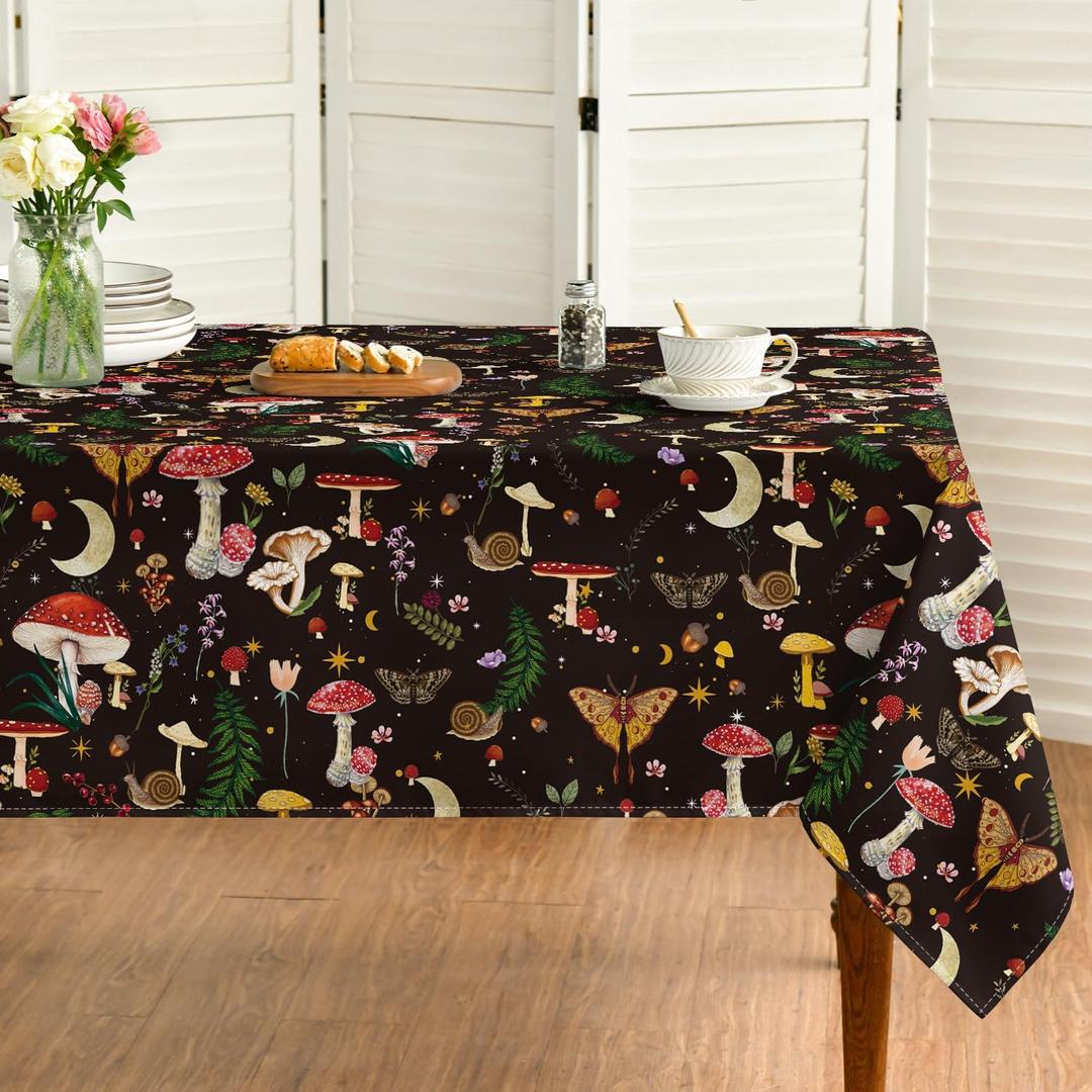 Horaldaily Mushroom Tablecloth 60x84 Inch Rectangular, Seasonal Black Vintage Moths Washable Seasonal Table Cover for Party Picnic Dinner Decor