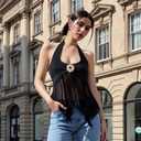 Women Halter Top Y2k Flowy Sheer Mesh Split Hem Backless Going Out Tops Festival Clubwear (Black, S)
