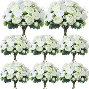 Geosar 8 Bundles Artificial Peonies Flowers Fake Silk Peony Bouquet Faux Peonies Flowers Bulk for Decoration Vase Floral Arrangements Wedding Party Table (White, Green)