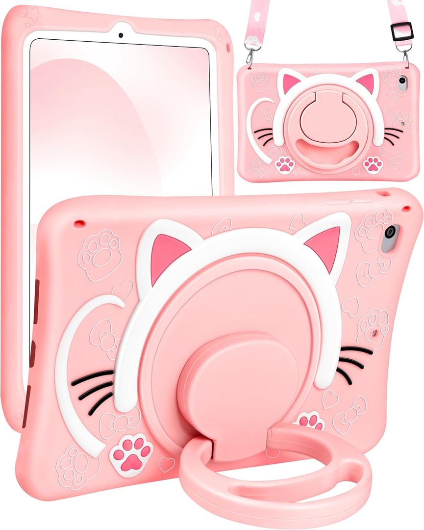 for iPad mini 4/5 Case 7.9 Inch Girls Cute Cat Kawaii Cover Girly 3D Cartoon Women Kitten with Rotating Handle Stand & Strap Soft Silicone Funda for Apple iPad mini 5th/4th Gen Cases