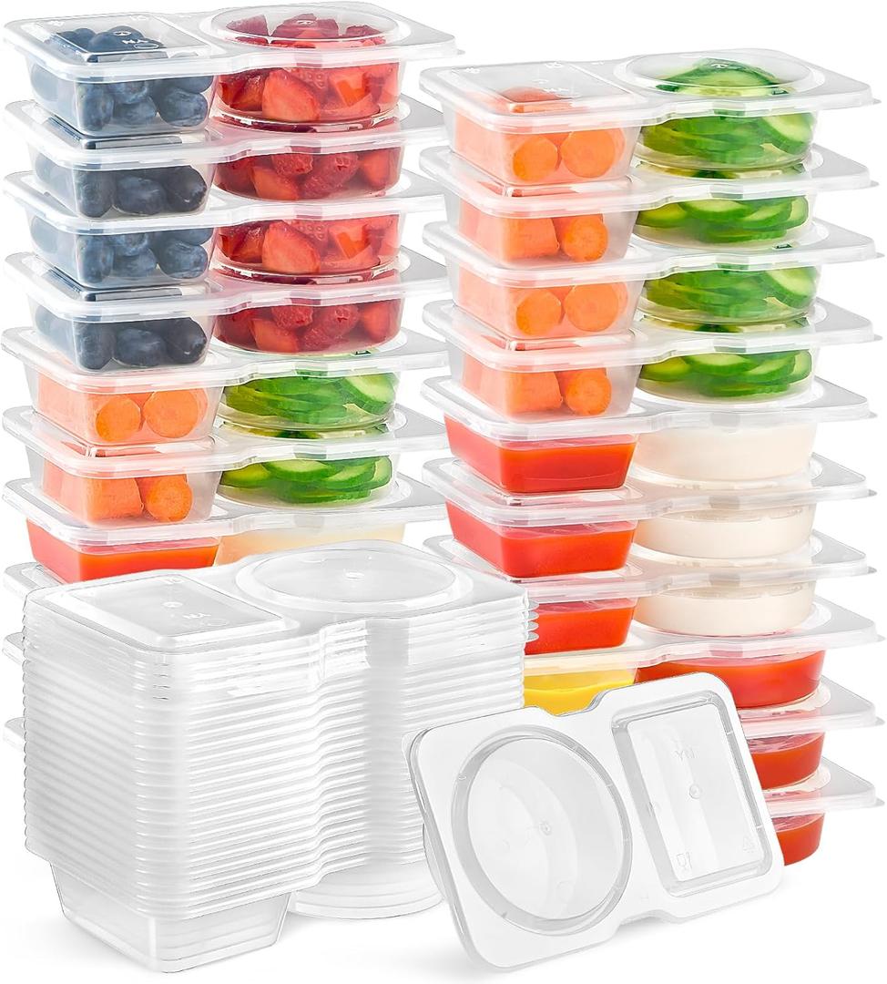 20 Pack 4.5 oz Snack Pack Containers with Lids, 2 Compartment Snack Boxes Small Plastic Portion Control Condiment Container for Dipping Sauce, Travel Snacks, Lunch