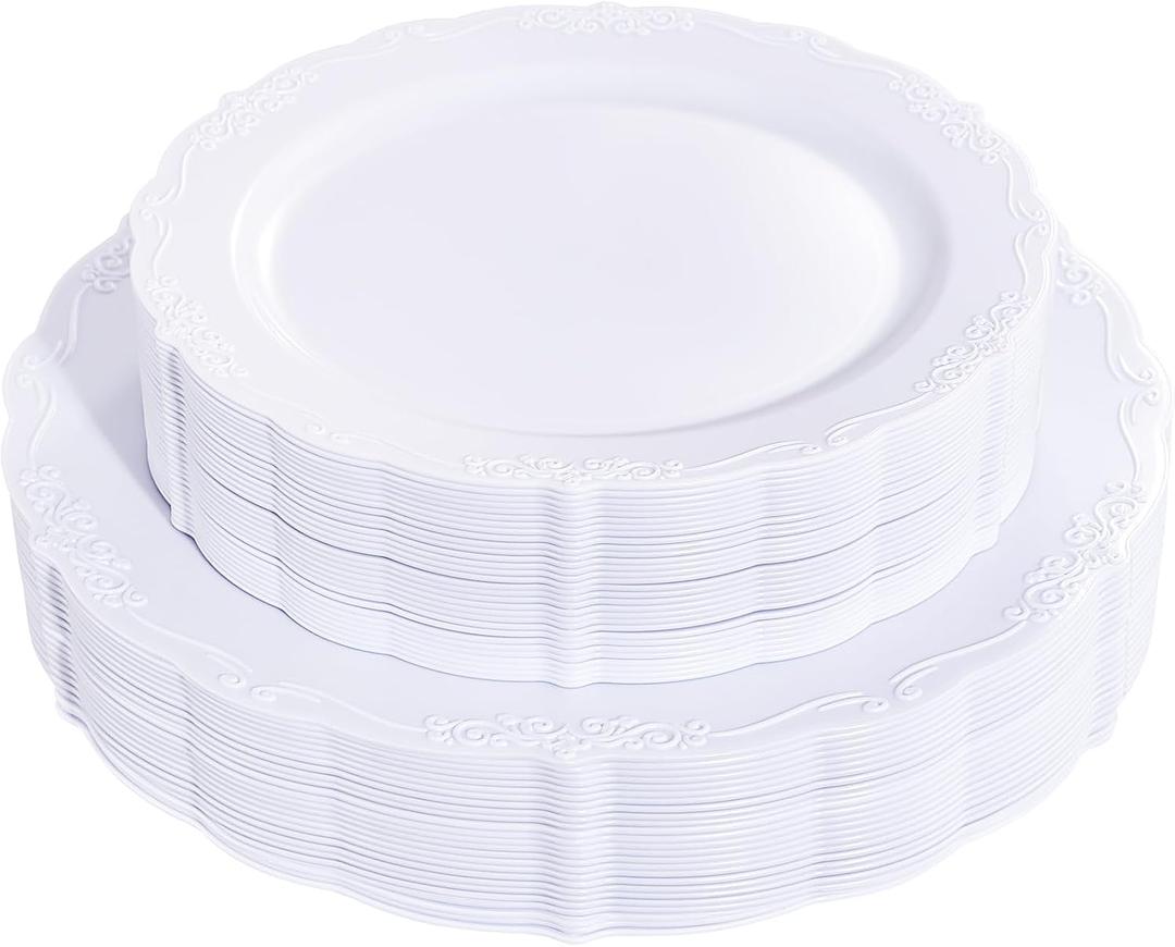 U-QE 60PCS White-Plastic-Plates for Party - High End Disposable Plates for Weddings - White Plates Disposable Heavy Duty Including 30PCS 10.25'' Dinner Plates & 30PCS 7.5'' Dessert Plates