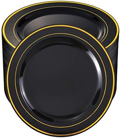 bUCLA 100 Pieces Black and Gold Plastic Dinner Plates - 10.25 inch Black Disposable Plates with Gold Rim - Ideal for Party, Graduation & Fathers Day