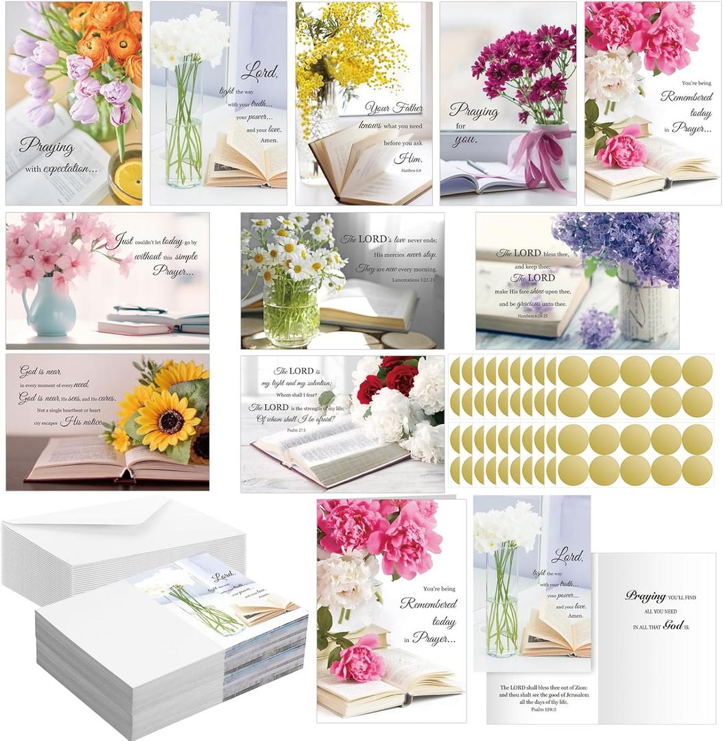 50 Pack Religious Praying for You Cards with Scripture Bible Verse Christian Encouragement Greeting Cards Bulk 10 Designs 4 x 6 Inspirational Prayer with Envelopes and Stickers(Flower)
