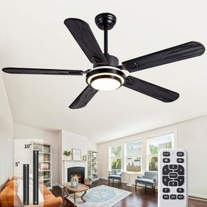 52 Inch Black Ceiling Fans with Lights Remote Control,5 Blades Solid Wood Noiseless Modern Ceiling Fans for Indoor, Outdoor, Bedroom, Living Room, Office, Farmhouse, Patio