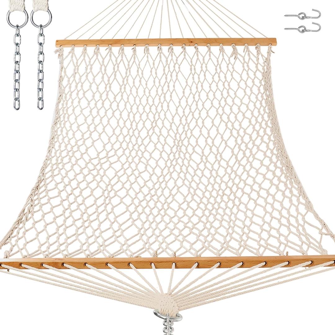 GAFETE Single Rope Hammocks for Outside, Traditional Hand Woven Cotton Hammock with Hardwood Spreader Bar, Max 450 lbs Capacity (Natural Beige, Small)