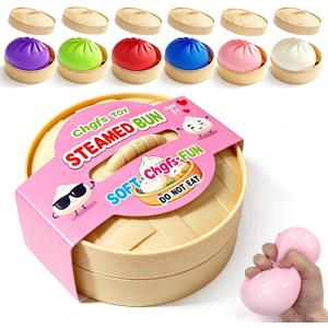 Dumpling Squishies,3.4inch Colorful Dumpling Stress Balls, Fidget Sensory Toy, Squeeze Dough Ball Stress Relief Hand Toys with Food Steamer, Dumpling Squishy Mystery Box, 6 Colors Random (Pack of 4)
