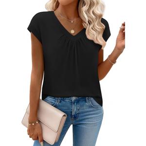 Zeagoo Womens Tops Short Sleeve V Neck Shirts Summer Dressy Casual Business Clothes Work Blouses Fashion Clothing Outfits (Small, A01 Black)