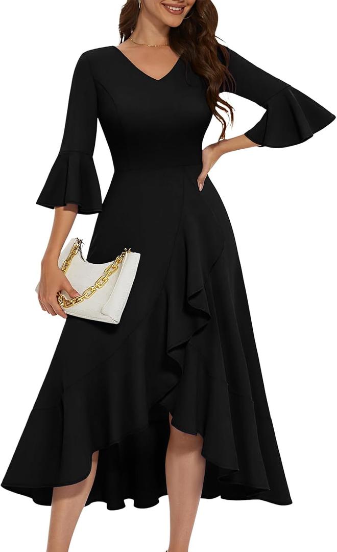 HomRain Women's Wedding Guest Dress Elegant Formal Cocktail Bell Sleeve Dress for Prom Homecoming Tea Party (Black, M)