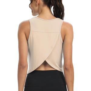 Mippo Workout Tops for Women Cropped Open Back Sleeveless Tank Tops Athletic Gym Yoga Shirts Loose Fit (Large, Apricot)