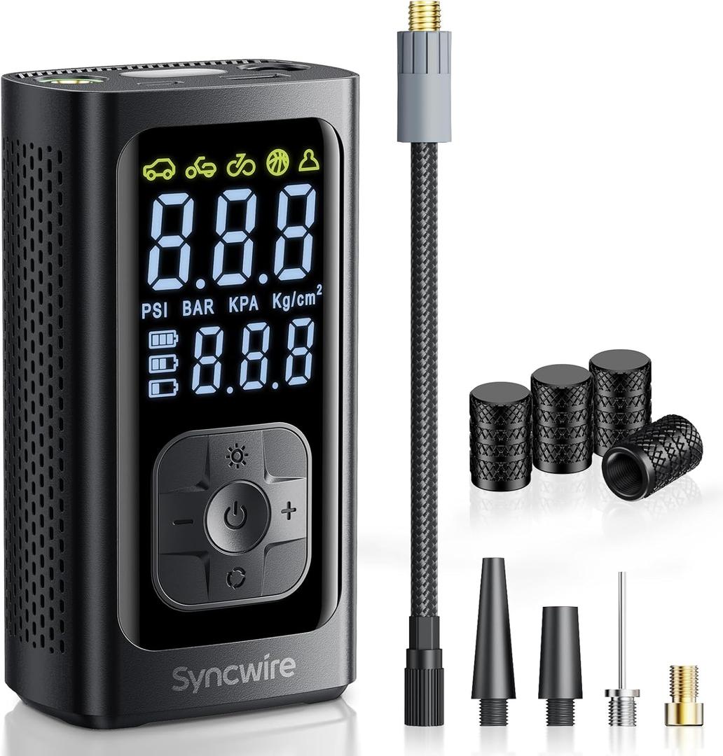 Syncwire Tire Inflator Portable Air Compressor - 150PSI 2X Faster Inflation Smart Air Pump for Car Tires [Extra-Large LCD] with Digital Pressure Gauge, Auto Shut-Off for Car, Motorcycle, Bike & Balls (Black)