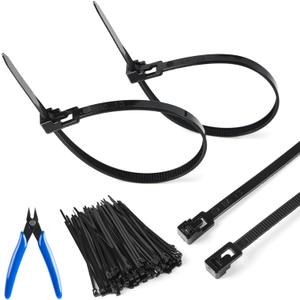 Reusable Zip Ties 8 inch 100 Pack with Wire Cutters, Adjustable Releasable Cable Ties 50lbs Tensile Strength, Self-Locking Nylon Ties for Home, Office, Garden, Workshop, Industrial Use