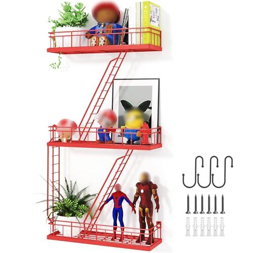 Beskadi Fire Escape Wall Shelf Red, Fire Escape Ladder 3 Story Shelf Wall Storage, New York Inspired Cool Bookshelf Metal Shelves, New York Action Figurine Display Shelf for Bathroom, Living Room