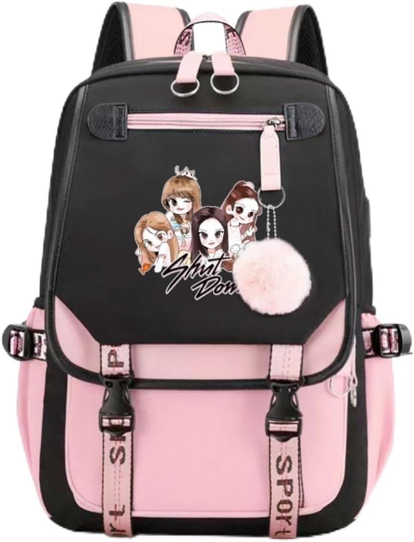 USB Black Backpack Pink Shut Down Korean Casual Backpack Daypack Laptop Bag College Bag ( B1 )