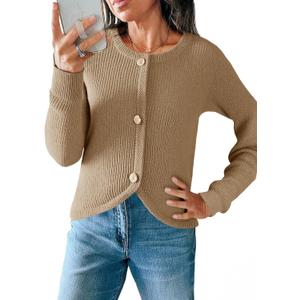 Saodimallsu Womens Cropped Cardigan Sweaters Button Up Long Sleeve Crewneck Fall Dressy Casual Knit Sweater Jackets (Small, Khaki)
