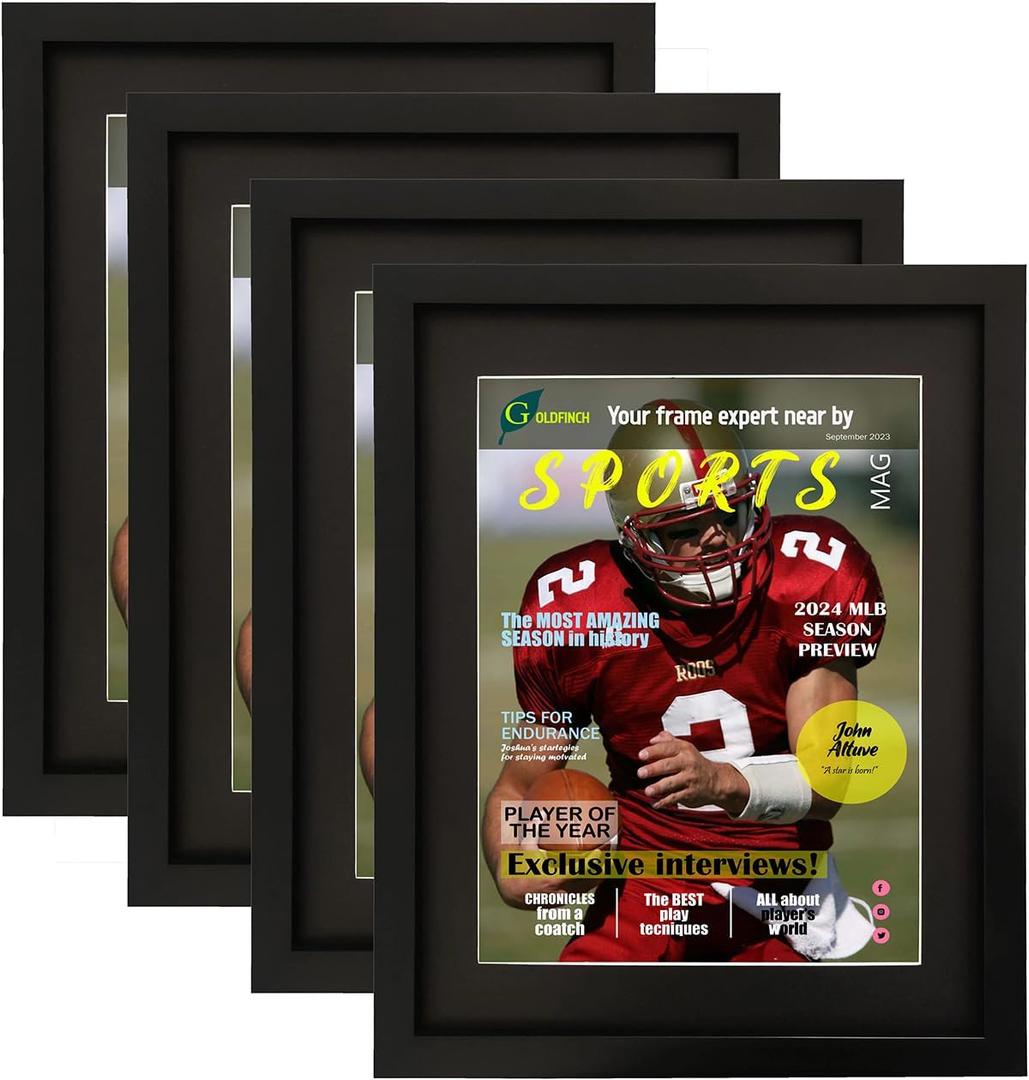 Goldfinch 4 Packs Sports Magazine Frame Displays Magazines Measuring 8.5 x 11.25 or 8.25 x 11 inches with Double Black Core Matting, Deep Frame Moulding, with Installed Hangers