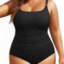 Women's Plus Size One Piece Swimsuit- Tummy Control Bathing Suit Ribbed Square Neck Swimwear 2025 (Black)