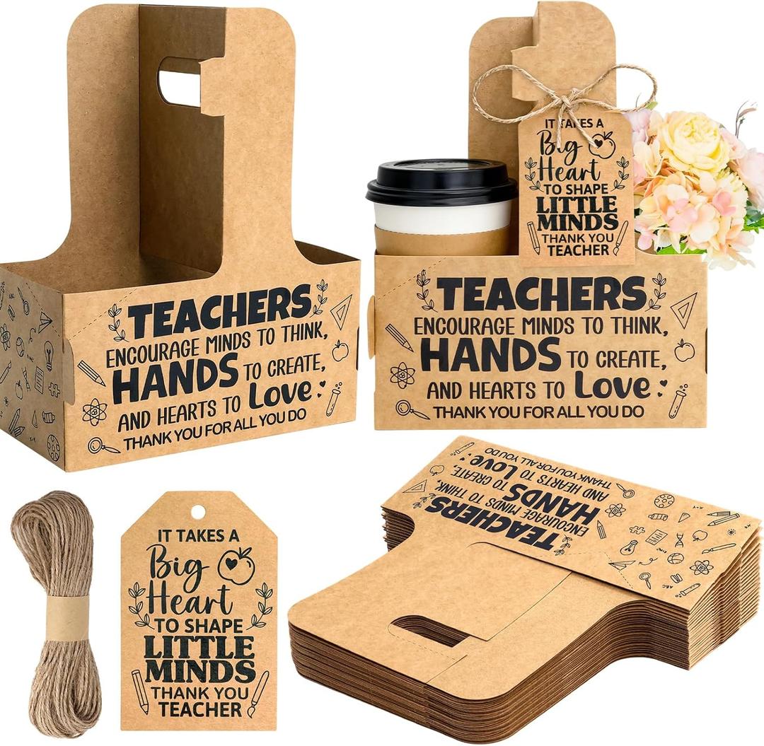 Fancy Land End of Year 2 Cup Drink Carrier with Handle for Teachers Disposable Kraft Cup Holder with Labels from Kids Students Gratitude Supplies Gradation Appreciation Favors 24Pcs