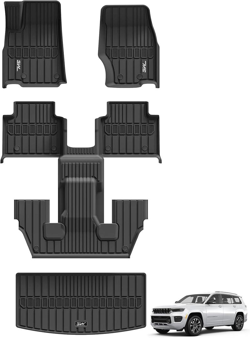 3W Floor Mats & Cargo Liner Fit for Jeep Grand Cherokee L 2021-2025 2026 All Weather TPE Custom Fit Floor Liner for 1-3 Rows&Trunk (ONLY for 6-Passenger Without Center Console) Full Set Car Mats Black