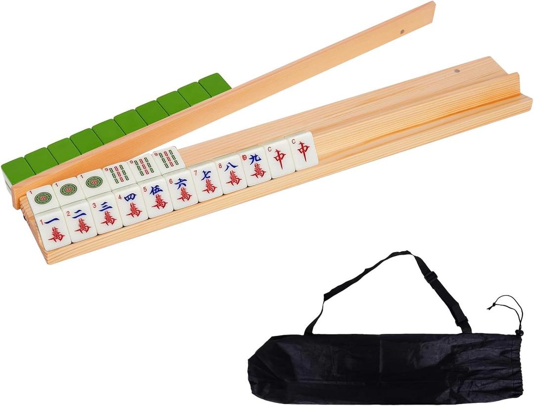 Mahjong Racks with Pushers, Mahjong Pushers and Racks, Wooden Mahjong Racks Set of 4, Mahjong Pushers with Storage Bags, Magnetically Attached Pushers for Mahjong & More Game Nights