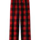 Pajama Pants for Boys Girls, Thick Flannel Kids Plaid Pajamas Lounge Pj Bottoms with Drawstring Pockets for Sleepwear Black and Red Buffalo Plaid, 14-16 Years
