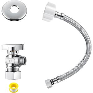 1 Pack Complete Toilet Valve Set, Includes 1/2 inch Nom Inlet x 3/8 Inch OD Compression Outlet Angle Shut Off, Stainless Steel Toilet Water Supply Line, Escutcheon Plate, Sealing Tape (9" Hose)