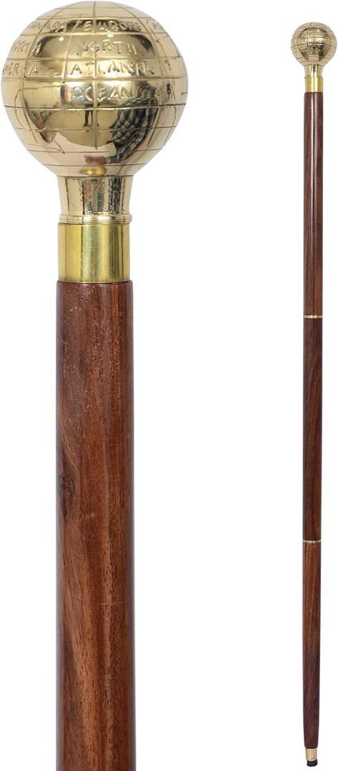 Solid Brass Globe Head Walking Cane  Victorian Style Wooden Walking Stick for Men & Women  Handmade Brass Handle Designer Cane for Collectors & Seniors