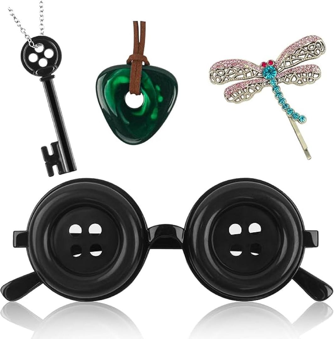 4 Pcs Accessories Fit for Cosplay Costume, Button Eyes Glasses, Key Necklace, Hair Clip, Green Stone Set Halloween Merchandise, Christmas Birthday Gift for Women Men and Fans