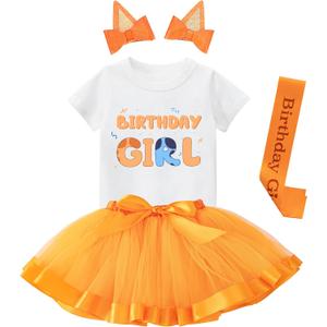 K-Acc Birthday Girl Outfit - T-Shirt, Blue Ears, Tutu Dress, Satin Sash – Gifts for Girls Birthday Party (Yellow, 2 Years)
