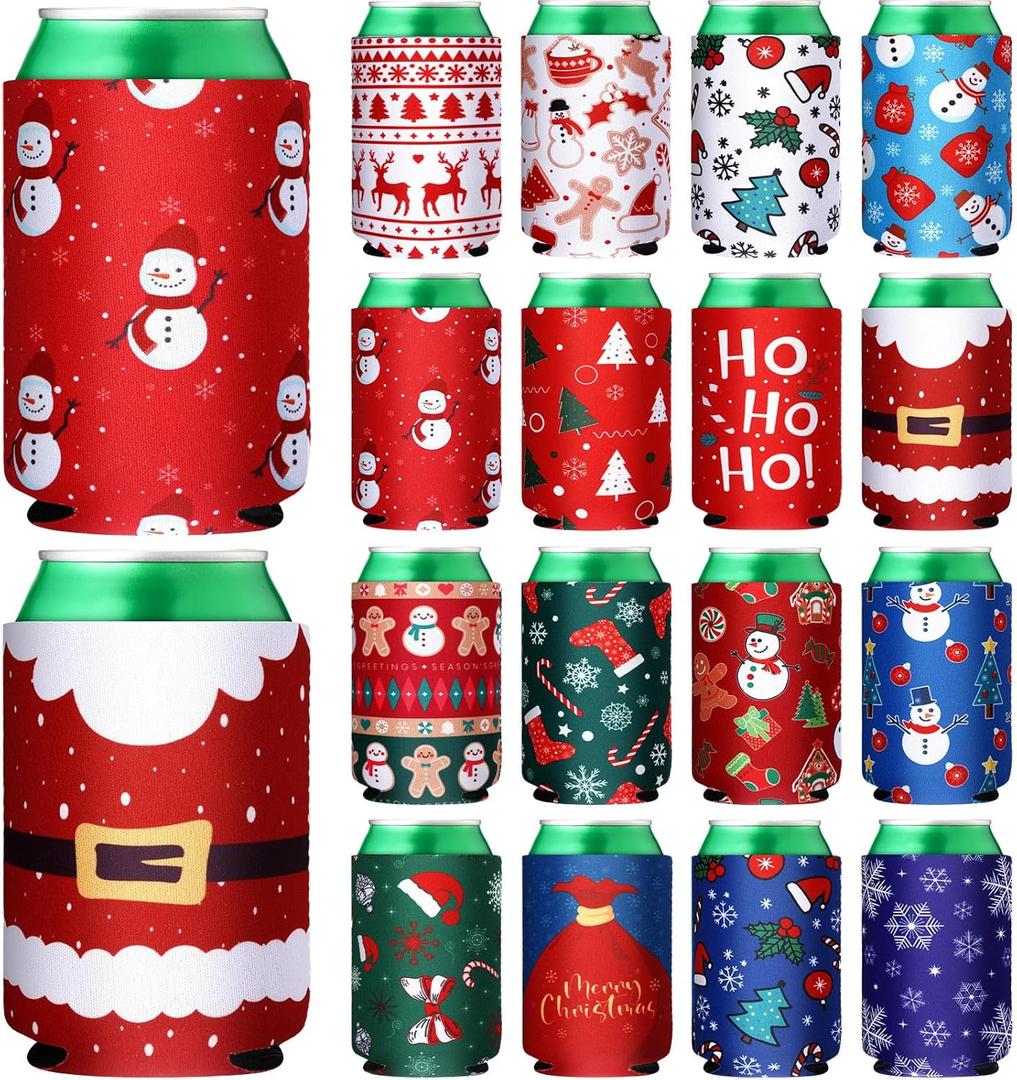 Pickmesh 16Pcs Christmas Beer Can Sleeves Santa Claus Beer Can Cooler Cover 12oz Xmas Neoprene Can Holder Insulated Drink Can Cover for Beverage Can Bottle Winter Christmas Party Favor, 5.1x3.9 (Standard)