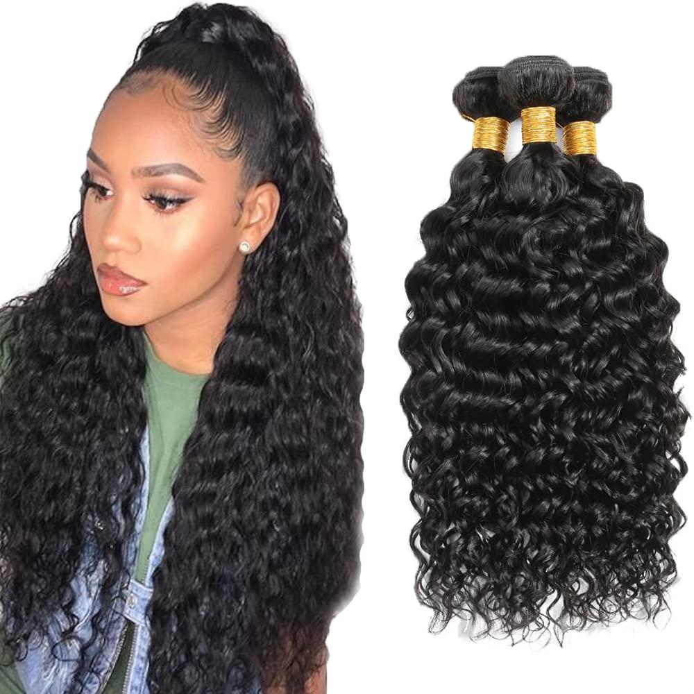 Human Hair Bundles #1B Water Wave Bundles 12 14 16 Inch Brazilian Virgin Hair Natural Black Wet and Wavy 3 Bundle Hair Extensions 50 Gram Per Bundle