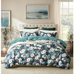 Cupocupa Twin Duvet Cover Set - Boho Floral Vintage Bedding, Teal Botanical Art Print Microfiber Duvet Cover with Pillowcase, Soft Breathable Comforter Cover (Twin Size, Comforter Not Included)