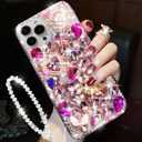 for iPhone 16 Pro Glitter Bling Case, Cute Luxury 3D Sparkle Crown Crystal Rhinestones Diamond Gemstones Pearl with Lanyard Wrist Strap Women Girls Phone Case for iPhone 16 Pro 6.3",Hot Pink
