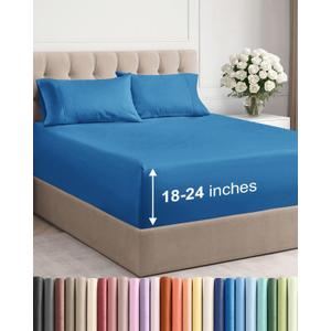 Extra Deep Queen Sheet Set - 4 Piece Breathable & Cooling Bed Sheets - Easily Fits 18 to 24 inch Mattress - Ultra Soft, Wrinkle & Fade Free w/ Extra Deep Pockets - Hotel Luxury Bedding - Denim Blue