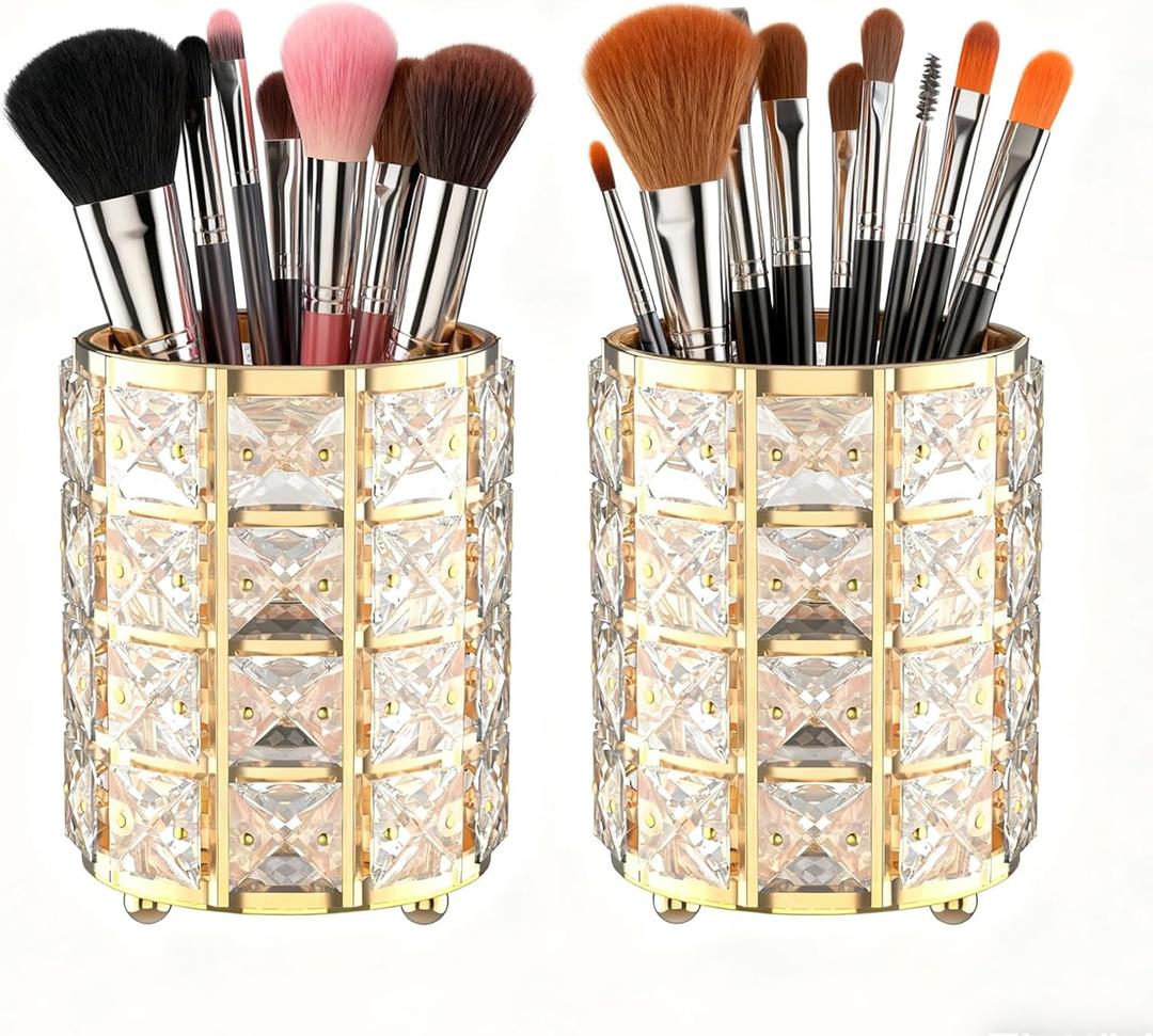 LUGUNU Makeup Brush Holder with Golden Crystal Bling  Elegant Vanity Organizer for Brushes, Pens & Pencils, Ideal for Bathroom or Office Countertop(2Pack)