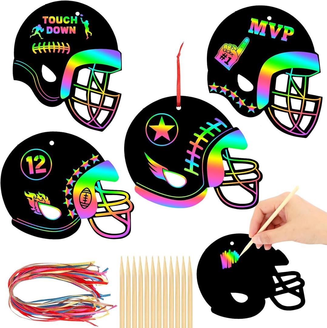 JULMELON 36 PCS Football Crafts for Kids, Rainbow Scratch Paper Art for Kids Football Party Favors Helmet Scratch Off Cards for Birthday Party Supplies School Activities