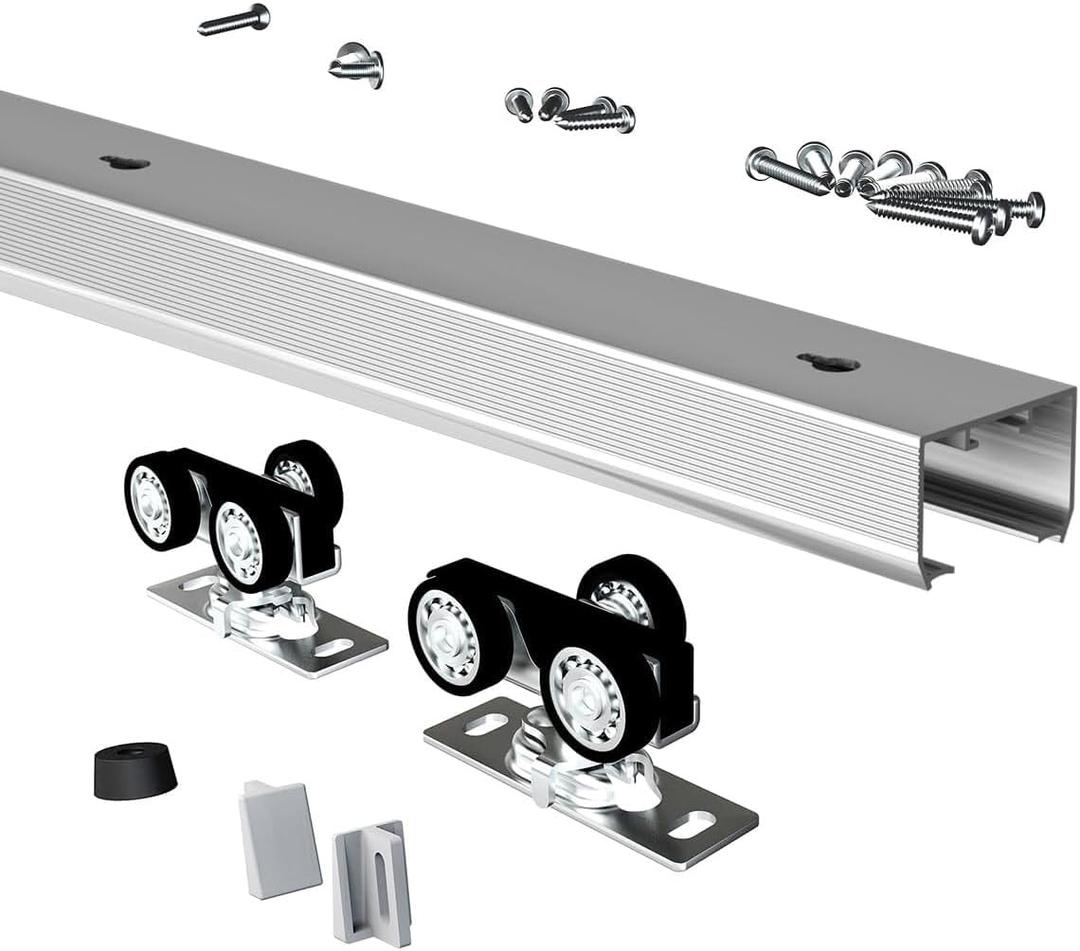 Pocket Door Hardware and Track Set, 60 Inch Sliding Door Aluminium Alloy Box Rail Hardware for Single Wooden Door,Silver