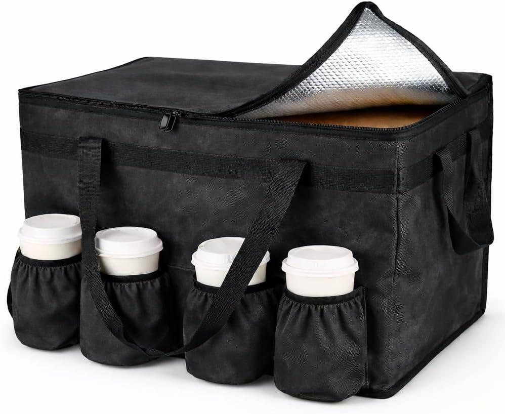 Bodaon Insulated Food Delivery Bag with 4 Cup Holders, XXL Pizza Cooler Bags, Rideshare Delivery Bag, Thermal Cold/Hot Styrofoam Carrier for Catering/Shopping/Travel/Car, Warmer/Frozen (Black)