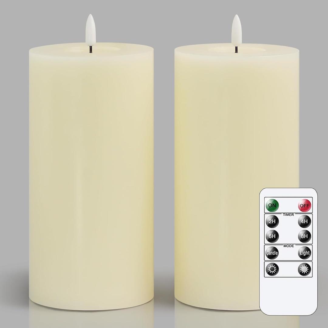 Flameless Flickering 4" x8" Real Wax Ivory Remote Candles with Candle Grease, Pack of 2 Timer LED Battery Operated Fake Warm Light Pillar Candles for Home, Banquet, Ceremony Decoration